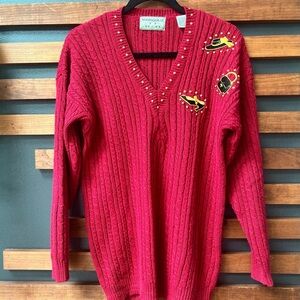 Vintage Woods & Gray Cranberry V-Neck Sweater with Embellishments Size Small